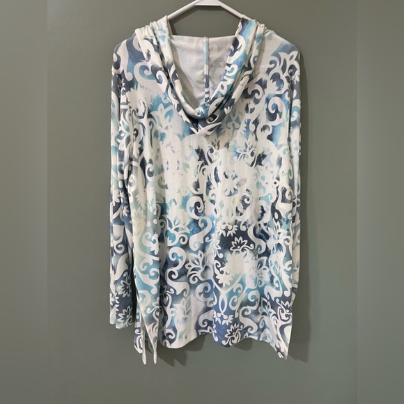 Soft Surroundings Women XL Aqua Swirl Hooded Roll Tab Pullover Top USA MADE - Picture 2 of 4